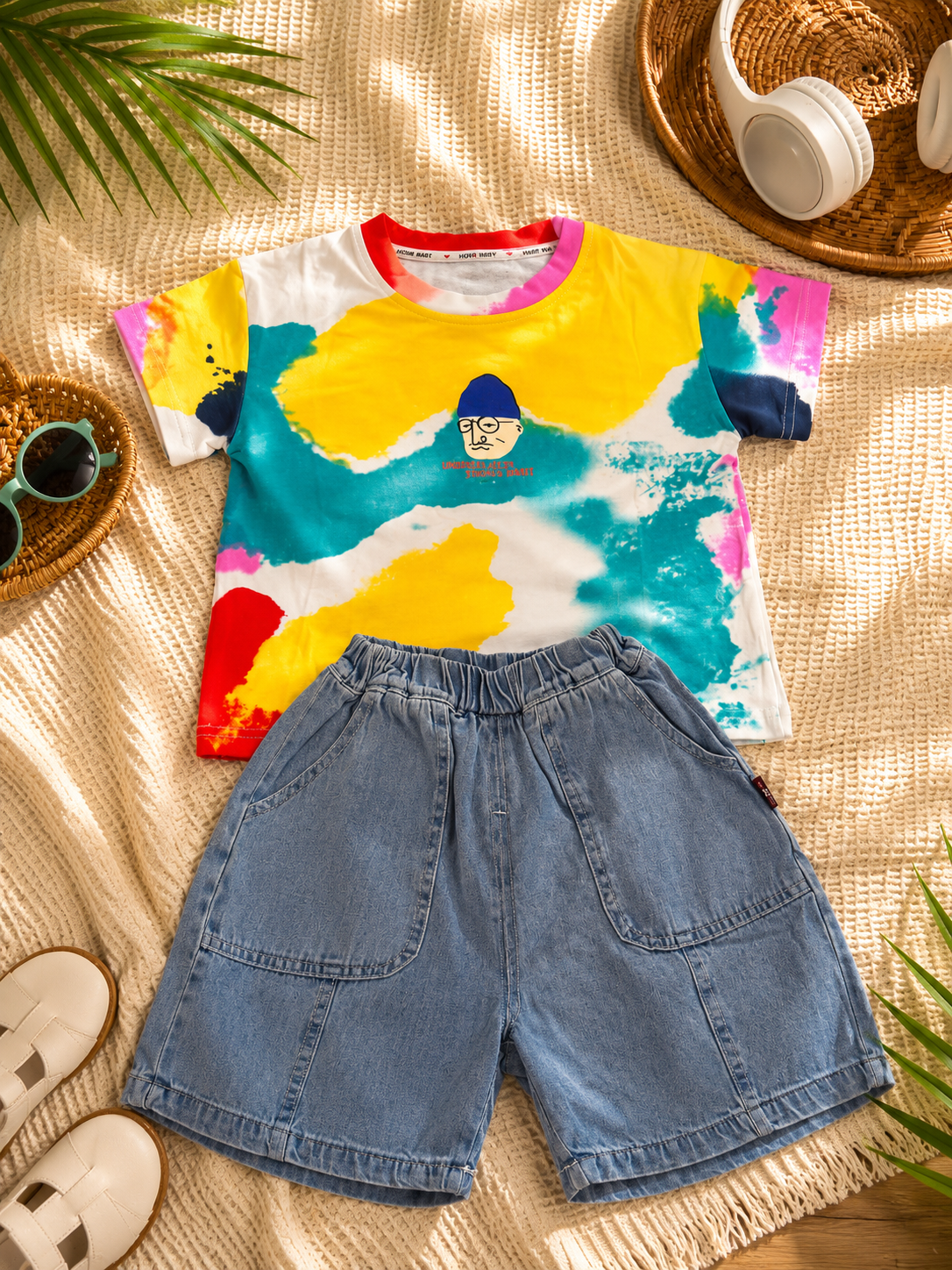 Boys Rainbow Shirt & Denim Shorts Set
