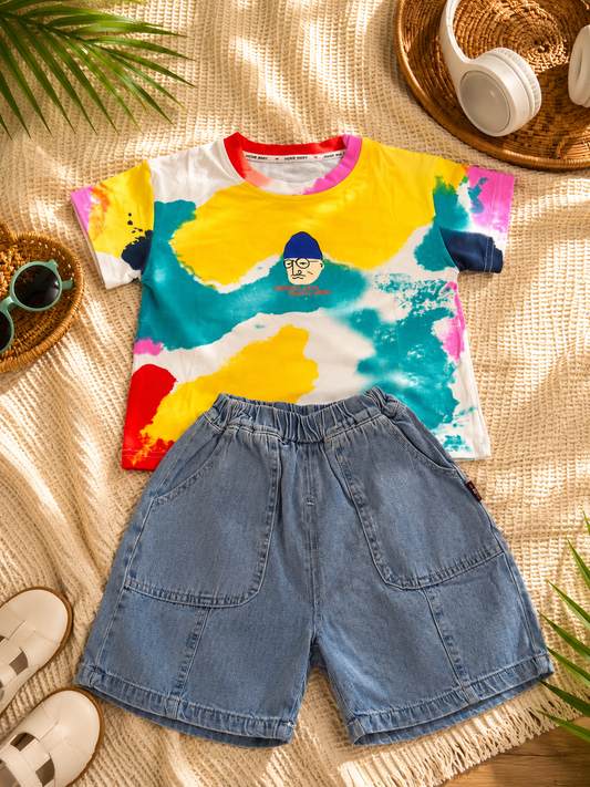 Boys Rainbow Shirt & Denim Shorts Set