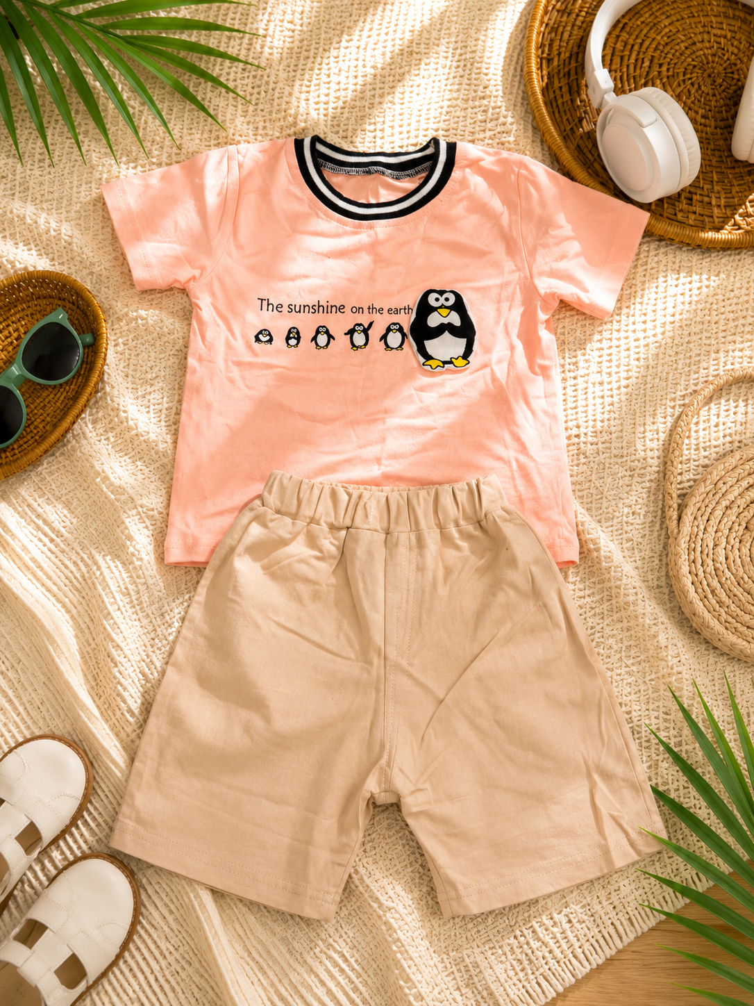 Boys Pink Penguin Embossed Shirt & Khaki Shorts Set