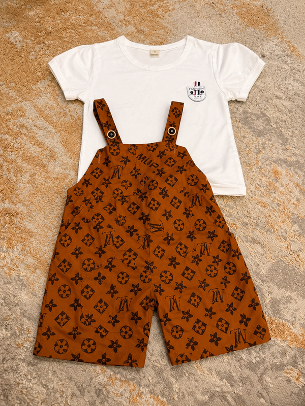Boys White Shirt & Orange All-Over Print Dungaree Set