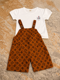 Boys White Shirt & Orange All-Over Print Dungaree Set