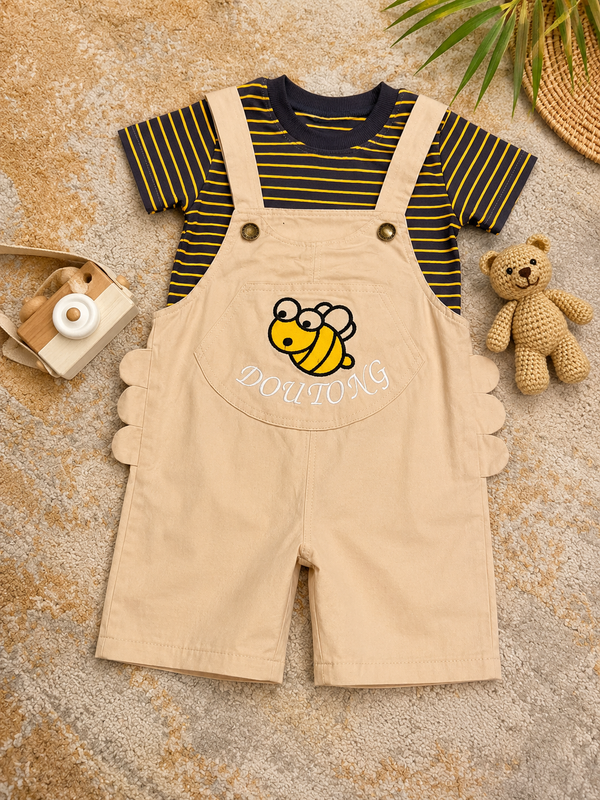 Boys Yellow Stripe Shirt & Khaki Bee Embossed Dungaree Set