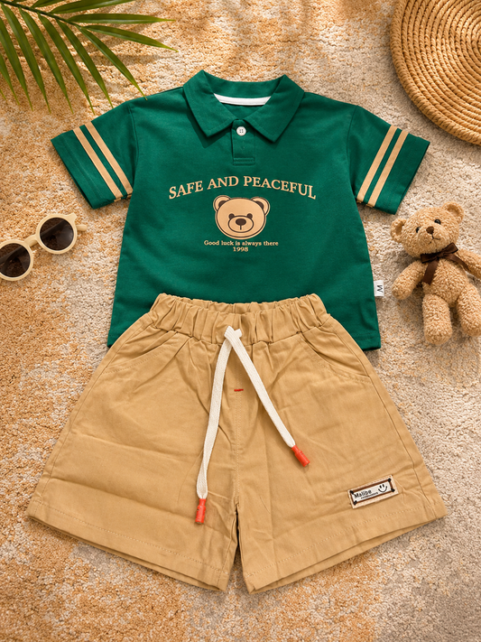 Boys Green Polo Brown Teddy Print & Khaki Shorts Set