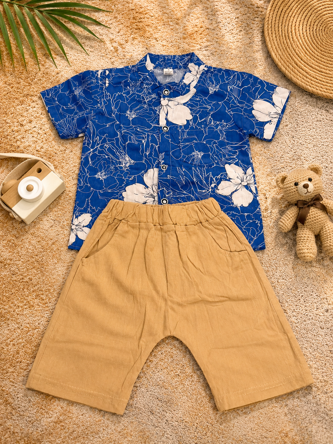 Boys Blue Floral Shirt & Khaki Shorts Set