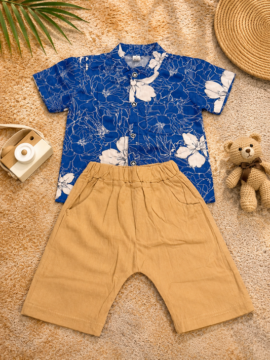 Boys Blue Floral Shirt & Khaki Shorts Set