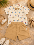 Boys White Bow Teddy Print Shirt & Khaki Shorts Set