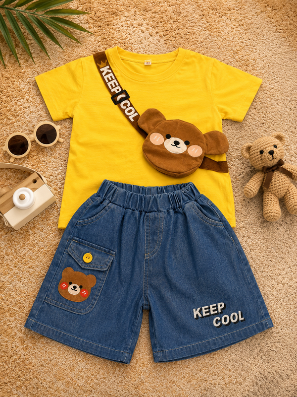 Boys Yellow Teddy Bag Style Shirt & Blue Denim Shorts Set