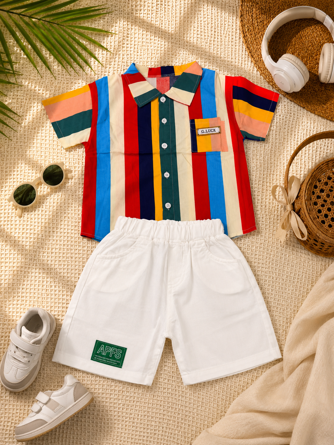 Boys Rainbow Shirt & White Shorts Set