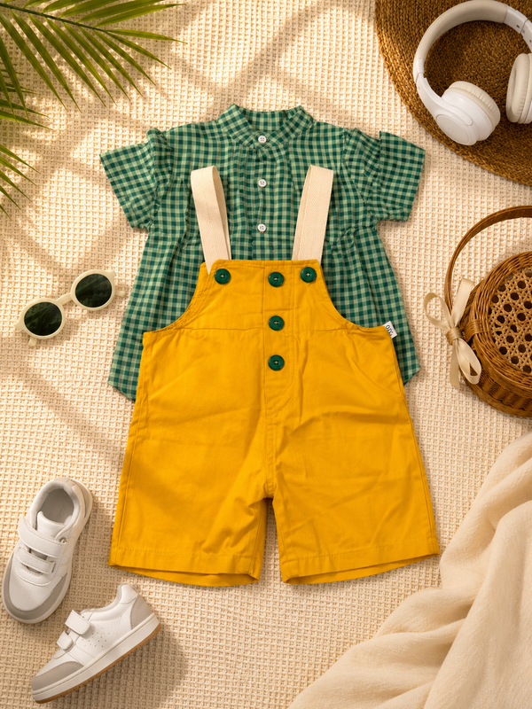 Boys Green Check Shirt & Yellow Dungaree Set