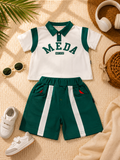 Boys White Green Print Polo & Green Stripe Trouser Set