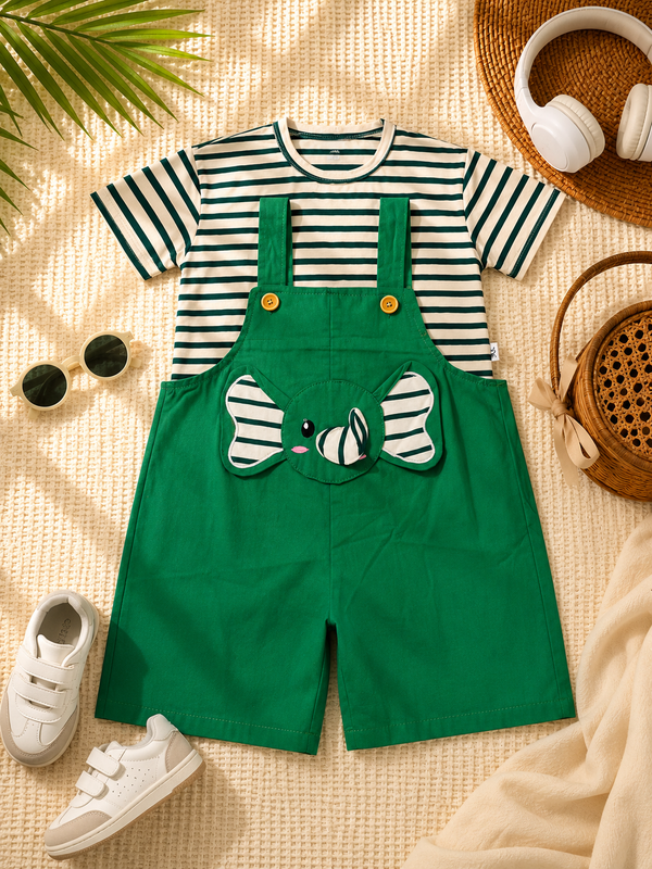 Boys Stripe White Shirt & Green Elephant Dungaree Set