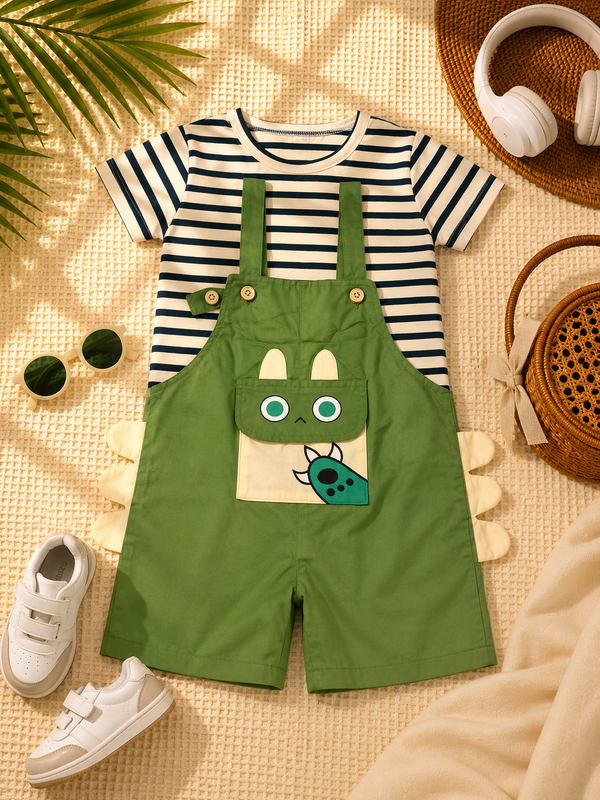 Boys Stripe White Shirt & Green Paw Cat Dungaree Set