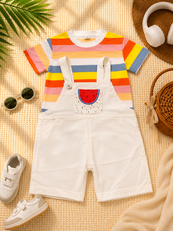 Boys Rainbow Shirt & White Melon Dungaree Set