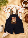 Boys White Teddy Shirt & Black Embossed Dungaree Set