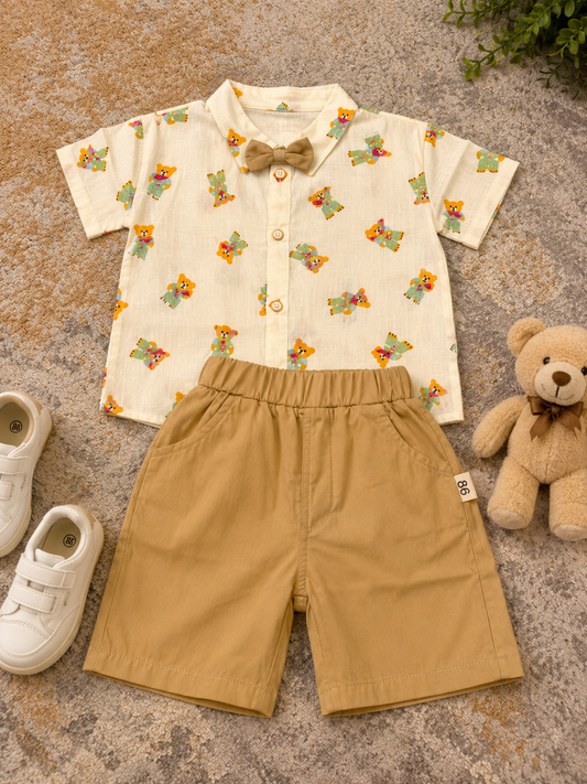 Boys White Bow Teddy Print Shirt & Khaki Shorts Set