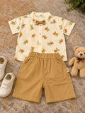 Boys White Bow Teddy Print Shirt & Khaki Shorts Set