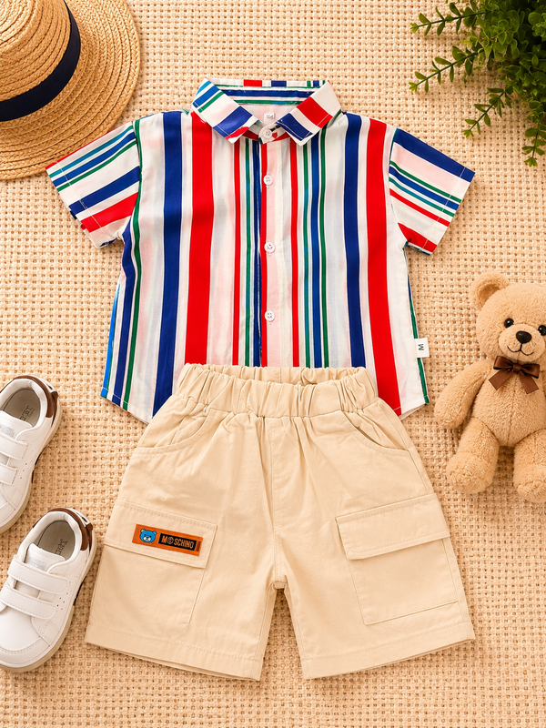 Boys Black Blue Stripe Shirt & Khaki Shorts Set