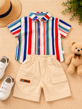 Boys Black Blue Stripe Shirt & Khaki Shorts Set
