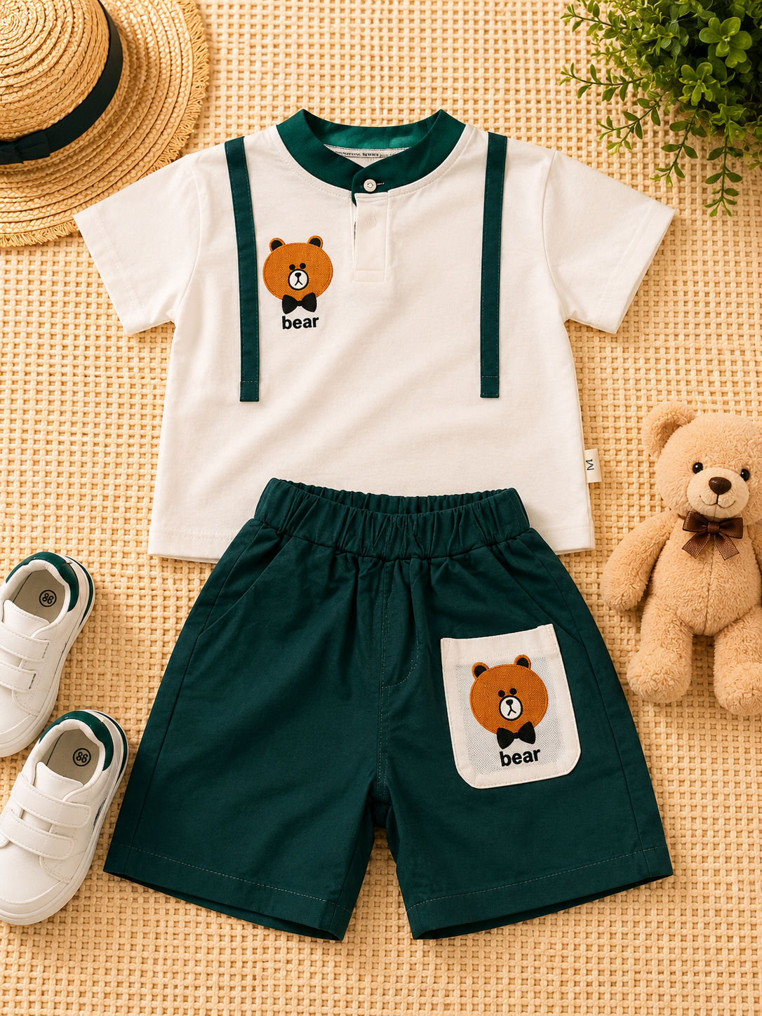 Boys White Teddy Green Stripe T-Shirt & Green Shorts Set