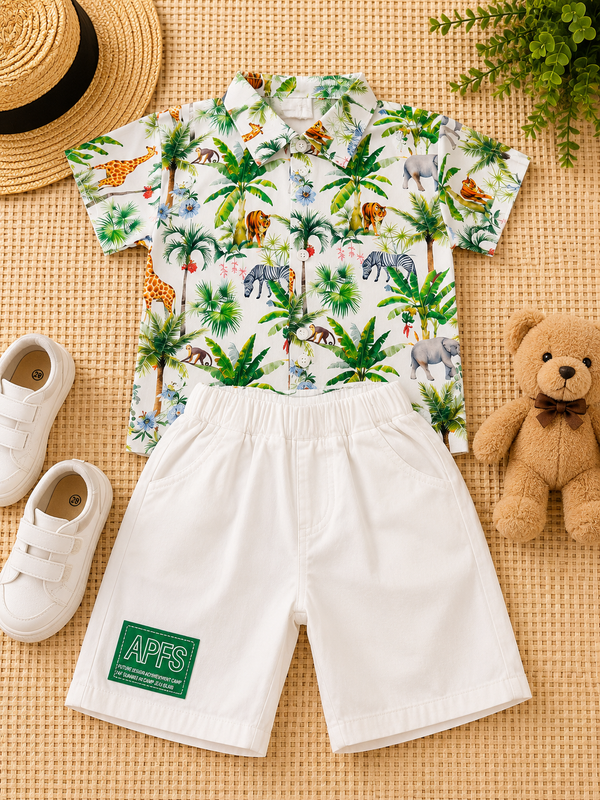 Boys Jungle Print Shirt & White Shorts Set