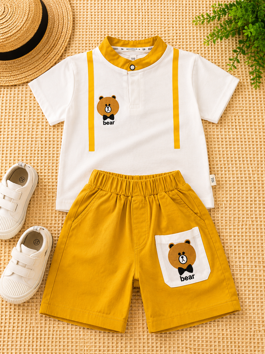 Boys White Teddy Bear T-Shirt & Yellow Shorts Set