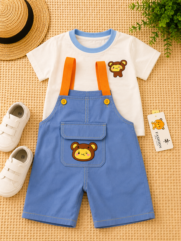 Boys Bear Print White Shirt & Baby Blue Pocket Dungaree Set