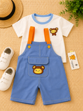Boys Bear Print White Shirt & Baby Blue Pocket Dungaree Set