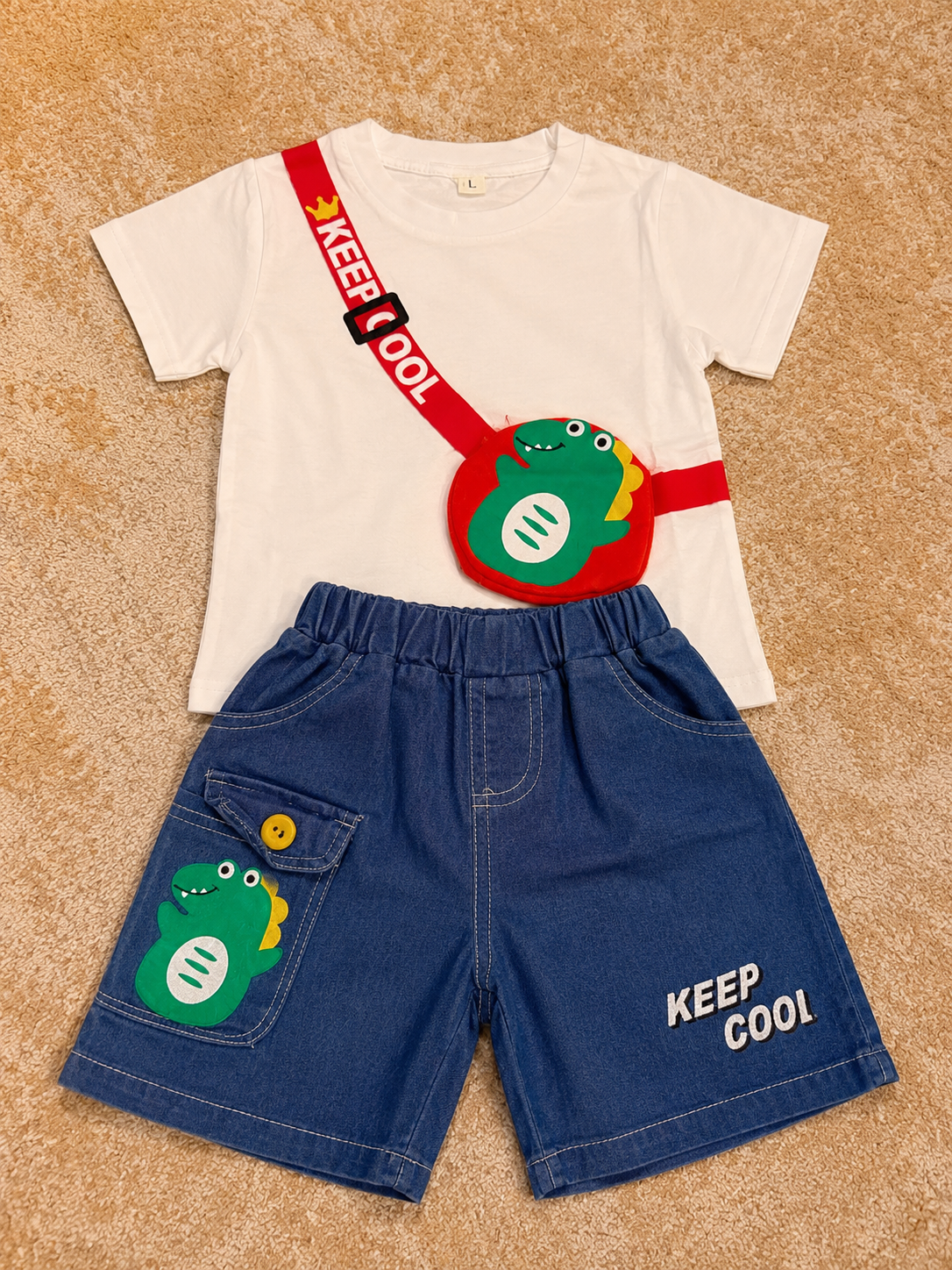 Boys White Shirt & Red Bag Strap Shorts Set