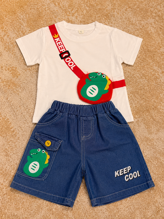 Boys White Shirt & Red Bag Strap Shorts Set